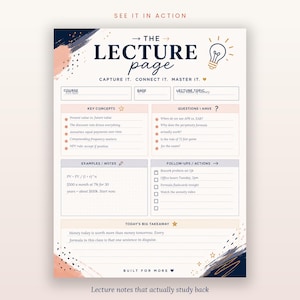 May include: A printable lecture note template titled The Lecture Page with sections for course, date, topic, key concepts, questions, examples, notes, follow-ups, and a big takeaway. The design features a light bulb icon and navy, peach, and gold accents.