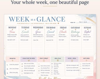 Weekly Planner Desk Pad | Watercolor Design, Priorities, Meal Plan (11x8.5 Landscape)