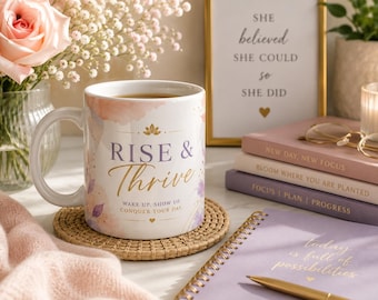 Rise & Thrive Ceramic Mug | Watercolor Floral Motivational Coffee Cup