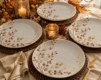 Berry Branch 10" Dinner Plates | Watercolor Fall Autumn Tableware Set