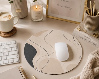 Neutral Abstract Waves Mouse Pad | Minimal Beige Curves