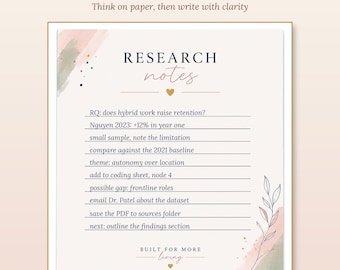 Research Notes Notepad, Literature Review, Dissertation Pad, Graduate Study Planner