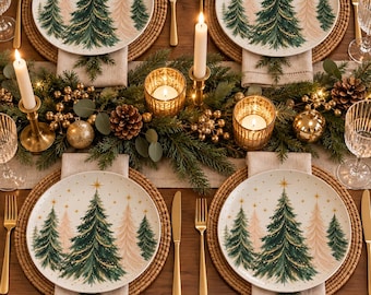 May include: A set of four white ceramic dinner plates featuring a printed design of green and pale pink pine trees with gold star accents, arranged on a wooden table with woven placemats, gold cutlery, and a festive evergreen centerpiece.