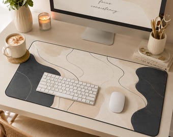 Tappetino da scrivania con motivo a onde astratte neutre / Tappetino per mouse minimalista beige e nero