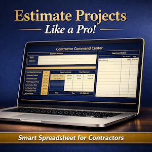 May include: A laptop displaying a spreadsheet titled "Contractor Command Center" with financial data. The image includes the text "Estimate Projects Like a Pro!" and "Smart Spreadsheet for Contractors" against a dark blue background.