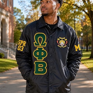 Omega Phi Beta Custom Greek Line Nylon Bomber Jacket Fraternity & Sorority Jacket Embroidered Greek Letters  Personalized Line Jacket