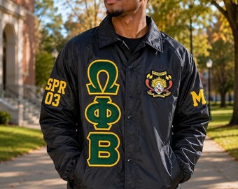Omega Phi Beta Custom Griekse Lijn Nylon Bomberjack Studentenverenigingsjack Geborduurd met Griekse letters Gepersonaliseerde Lijnjack