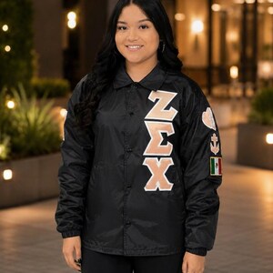 Kurtka bomberka Zeta Sigma Chi Custom Greek Line z nylonu, kurtka bractw i stowarzyszeń studenckich, haftowane greckie litery, spersonalizowana kurtka