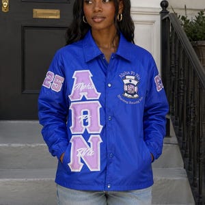 Alpha Pi Nu Custom Greek Line Nylon Bomber Jacket Fraternity & Sorority Jacket Embroidered Greek Letters  Personalized Line Jacket
