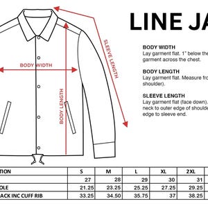 May include: A black and white line drawing of a jacket with a collar, long sleeves, and front pockets. Red arrows indicate measurement points for body width, body length, and sleeve length. A sizing chart provides measurements in inches for sizes S to 5XL.