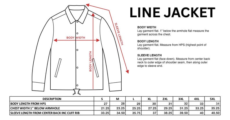 May include: A black and white line drawing of a jacket with a collar, long sleeves, and front pockets. Red arrows indicate measurement points for body width, body length, and sleeve length. A sizing chart provides measurements in inches for sizes S to 5XL.