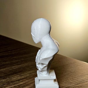 Op de afbeelding: Een witte buste van een superheld, met een gedetailleerd masker en borstontwerp. De sculptuur is gemonteerd op een rechthoekige basis. De buste is gemaakt van een 3D-geprint materiaal en wordt getoond op een houten oppervlak.