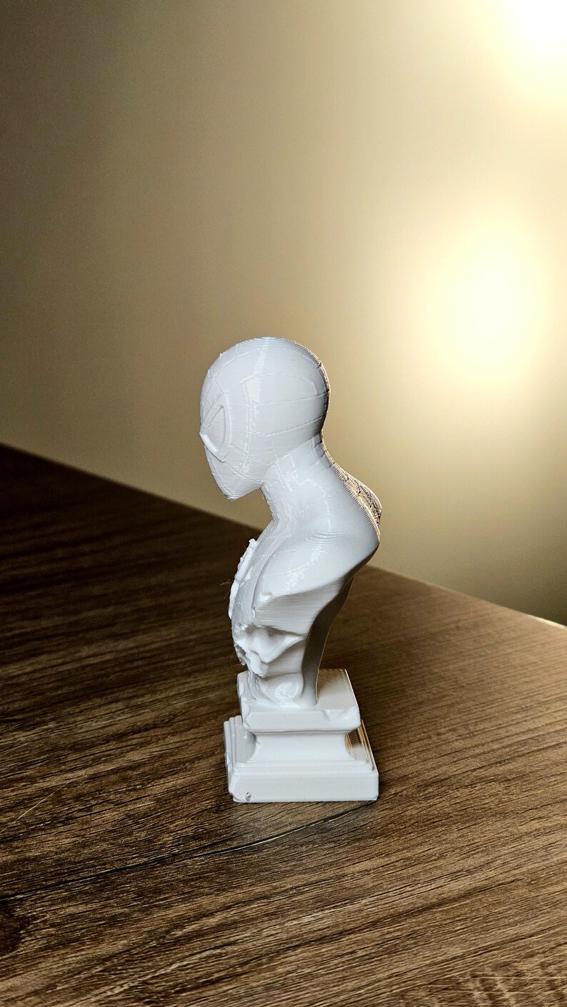 Op de afbeelding: Een witte buste van een superheld, met een gedetailleerd masker en borstontwerp. De sculptuur is gemonteerd op een rechthoekige basis. De buste is gemaakt van een 3D-geprint materiaal en wordt getoond op een houten oppervlak.