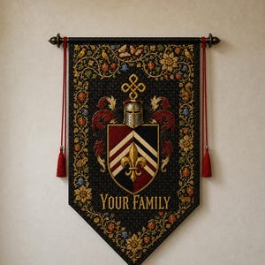 May include: A black wall hanging banner featuring a central shield with a gold fleur-de-lis, a knight's helmet, and a knot symbol. The border displays gold floral patterns, birds, and small animals. The text "YOUR FAMILY" is printed in gold.