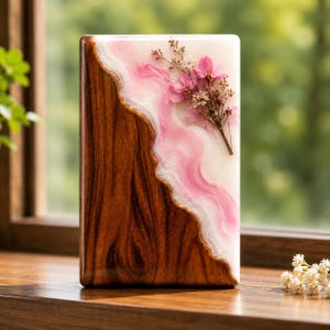 May include: A rectangular block featuring a dark brown wood grain on the left side and a smooth white resin section on the right with swirling pink pigment. A cluster of dried pink and white flowers is embedded within the resin surface.