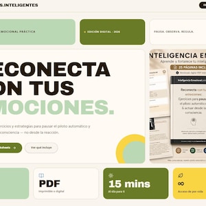Puede incluir: Diseño web con fondo crema y detalles verdes y amarillos. El texto dice "RECONECTA CON TUS EMOCIONES" e "INTELIGENCIA EMOCIONAL". Incluye un cuaderno de trabajo digital con 25 páginas y ejercicios guiados.