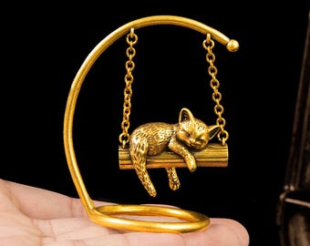 Mini Brass Sleeping Cat on Swing Figurine, Adorable Miniature Kitten Desk Ornament, Retro Cat Decor, Cat Present, Gift for Kitten Lover