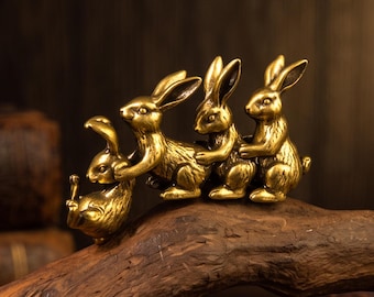 Vintage Brass Rabbit Family Figurine, Bunnies Playing Sculpture, Rustic Shelf Ornament, Collectible Farmhouse Decor, Gift for Bunny Lovers