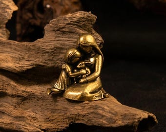 Solid Brass Mother Child with Bunny Statue, Brass Family Sculpture, Tabletop Decor, Lovely Figurine for Nursery or Shelf, Gift for Mothers