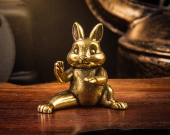 Cute Brass Kung Fu Rabbit Figurine, Brass Bunny Statue, Small Brass Animal Decor, Bookshelf Decor, Fun Gift for Rabbit Lover