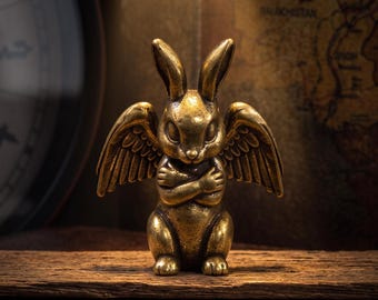 Solid Brass Bunny Statue, Mini Fantasy Rabbit Figurine, Vintage Brass Desk Ornament, Rabbit Ornament, Gift for Rabbit Lover