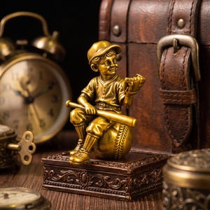 Peut inclure: Une figurine en laiton représentant un joueur de baseball portant une casquette et un uniforme, assis sur une grosse balle de baseball tout en tenant une batte. La figurine est fixée sur une base rectangulaire aux motifs décoratifs en relief.
