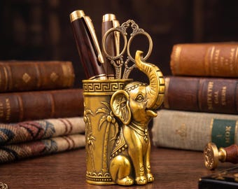 Boho Brass Elephant Pencil Holder, Trunk Up Elephant with Pen Cup, Lucky Elephant Decor, Vintage Mini Elephant Sculpture, Gift for He/Her