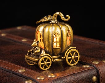Halloween Brass Pumpkin Carriage with Mouse Driver, Light Up Fairy Tale Pumpkin Coach Statue, Fall Season Ornament, Gothic Desk Decor