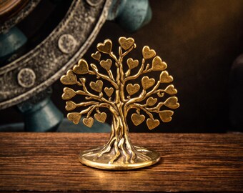 Vintage Brass Heart Tree Figurine, Family Tree Tabletop Statue, Heart Leaf Tree Home Decor,  Anniversary Gift for Loved Ones
