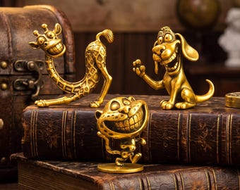 Vintage Brass Animal Statue Set, Brass Leopard, Brass Giraffe, Brass Dog Mini Figurine, Shelf Ornament, Desk Ornament, Gift for Animal Lover