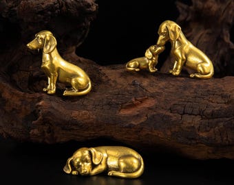 Solid Brass Dog Statue Set, Vintage Sausage Dog Figurine Décor, Wiener Dog Gift, Dachshund Sculpture, Miniature Puppy, Desk Paperweight
