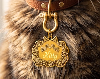 Solid Brass Personalized Pet Tag, Engraved Cat Name ID Tags, Cute Custom Dog Tag, Unique Metal Silent Kitten Tag, New Pet Gift for Cat Lover