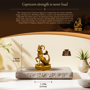 May include: A gold-colored brass Capricorn figurine featuring a goat head with curved horns and a fish tail, mounted on a circular base with the Capricorn symbol. It measures 1.61 inches in height, 1.17 inches in width, and weighs 1.65 ounces.