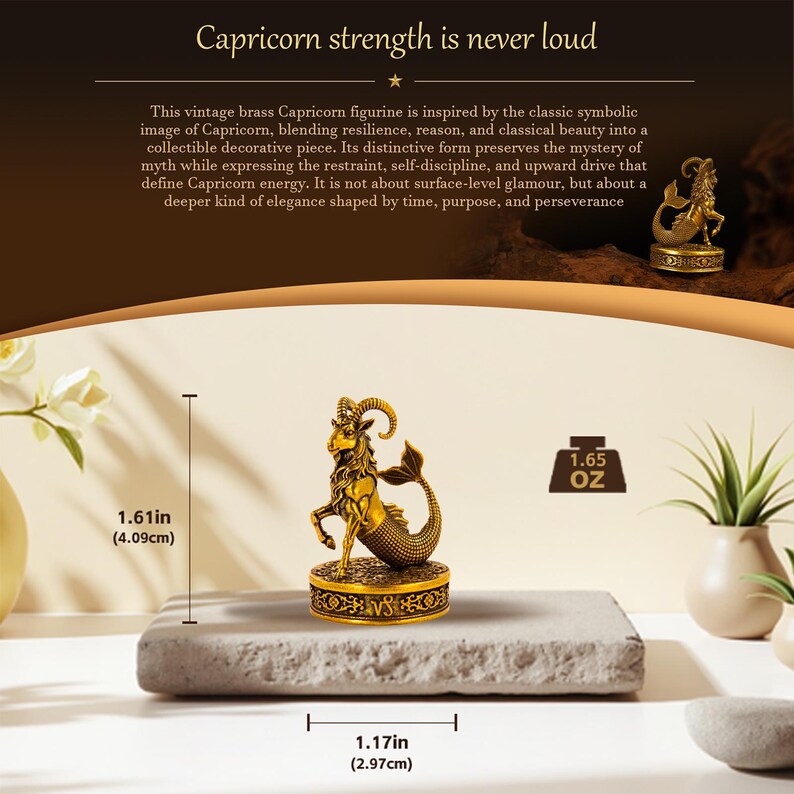 May include: A gold-colored brass Capricorn figurine featuring a goat head with curved horns and a fish tail, mounted on a circular base with the Capricorn symbol. It measures 1.61 inches in height, 1.17 inches in width, and weighs 1.65 ounces.