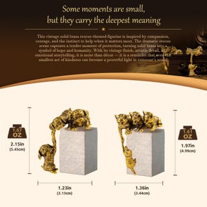May include: Two solid brass rescue-themed figurines featuring puppies and kittens on gray blocks. The left figurine weighs 1.67 oz, is 2.15 inches tall, and 1.23 inches wide. The right figurine weighs 1.61 oz, is 1.97 inches tall, and 1.36 inches wide.