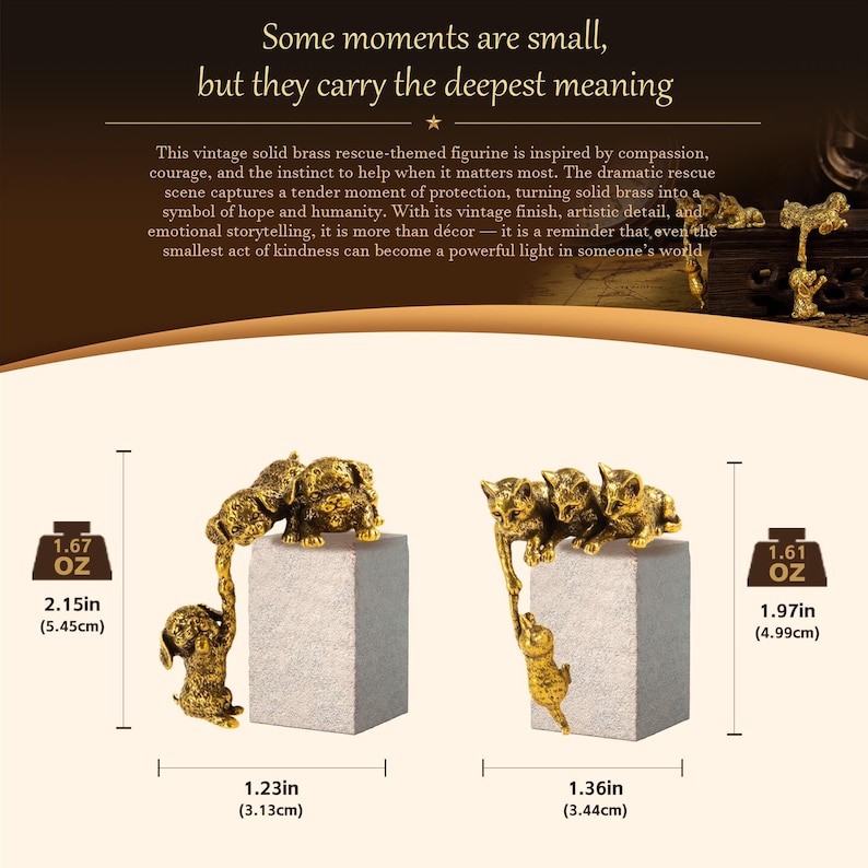 May include: Two solid brass rescue-themed figurines featuring puppies and kittens on gray blocks. The left figurine weighs 1.67 oz, is 2.15 inches tall, and 1.23 inches wide. The right figurine weighs 1.61 oz, is 1.97 inches tall, and 1.36 inches wide.