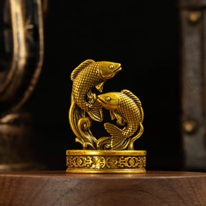 May include: A brass-colored metal figurine featuring two fish swimming in an upward motion, set upon a cylindrical base with intricate embossed patterns. The fish have detailed scales and fins, with one positioned above the other in a dynamic pose.