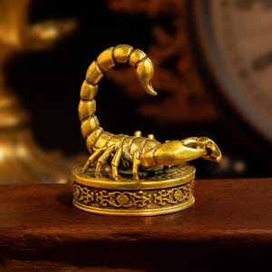 May include: A gold-toned metal scorpion figurine perched atop a circular base. The scorpion features a segmented tail curved upward and prominent pincers. The cylindrical base is decorated with an intricate, repeating embossed floral pattern.