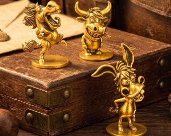 Cartoon Style Brass Animal Statue Set, Mini Funny Horse Figurine, Bull Sculpture, Donkey Figurine, Tiny Desktop Ornament
