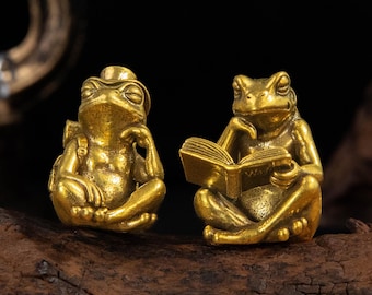 Brass Frog Figurine Set, Mini Vintage Frog Statues, Bronze Animal Sculpture, Cute Frog Decor, Gift for Frog Lovers, Frog Home Décor Ornament