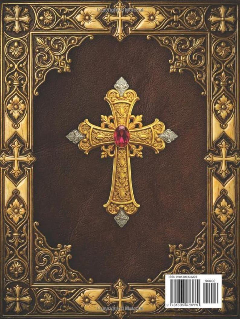 May include: A detailed image of a book cover with a gold cross and ornate gold border. The cross features a red gemstone at its center. The background is a dark brown, textured surface. The cover has a vintage, religious theme.