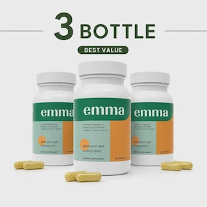May include: Three white plastic bottles of Emma dietary supplement with green and orange labels. The labels feature the text 'emma', 'Promotes Regularity', 'Bloating & Gas Relief', 'Supports Flatter Tummy', and 'give your gut a vacation!'.