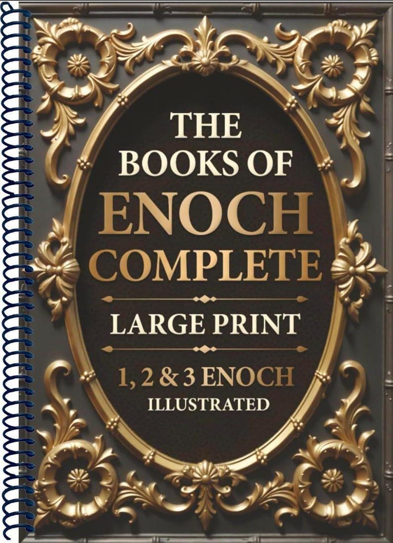 May include: A spiral-bound book titled "The Books of Enoch Complete" with gold lettering and ornate gold embellishments. The cover features an oval design with the text "Large Print" and "1, 2 & 3 Enoch Illustrated."