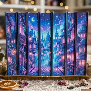 May include: A set of decorative bookends depicting a fantasy city scene with buildings, street lamps, and a night sky with a crescent moon. The colour palette includes shades of blue, purple, and pink. The bookends are displayed on a gold tray.