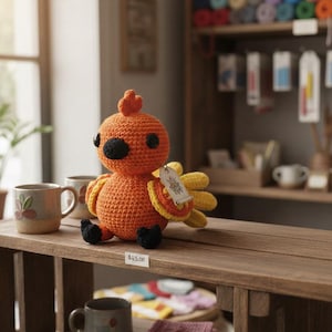 May include: A crocheted stuffed bird toy with a bright orange round body, a small crest on its head, black eyes, and black feet. The bird has yellow and orange layered wings and a small rectangular tag attached to one wing. The toy sits on a wooden shelf.