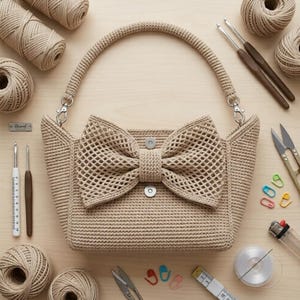 Può includere: Una borsa all'uncinetto color beige con un grande fiocco a trama aperta sul davanti, un unico manico arrotondato fissato con chiusure in metallo argentato e due chiusure magnetiche argentate visibili al centro della borsa.