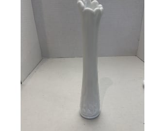 Westmoreland Paneled Grape Milk Glass 9 1/2" Swung Bud Vase  Mid Century Glass