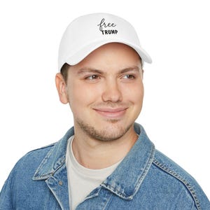 Free Trump cap | Political statement baseball cap, red embroidered design image 3