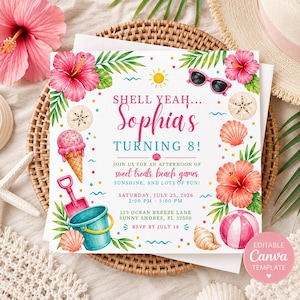 Beach Birthday Invitation Template | Shell Yeah Birthday Invite | Summer Party | Editable Canva Invite | Girls Birthday | Printable 5x5
