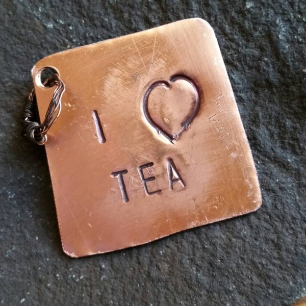 Ich "Herz" Tee-Stanzteile zurückgefordert Metall Schlüsselanhänger Recycling Kupfer-Metall-Tag